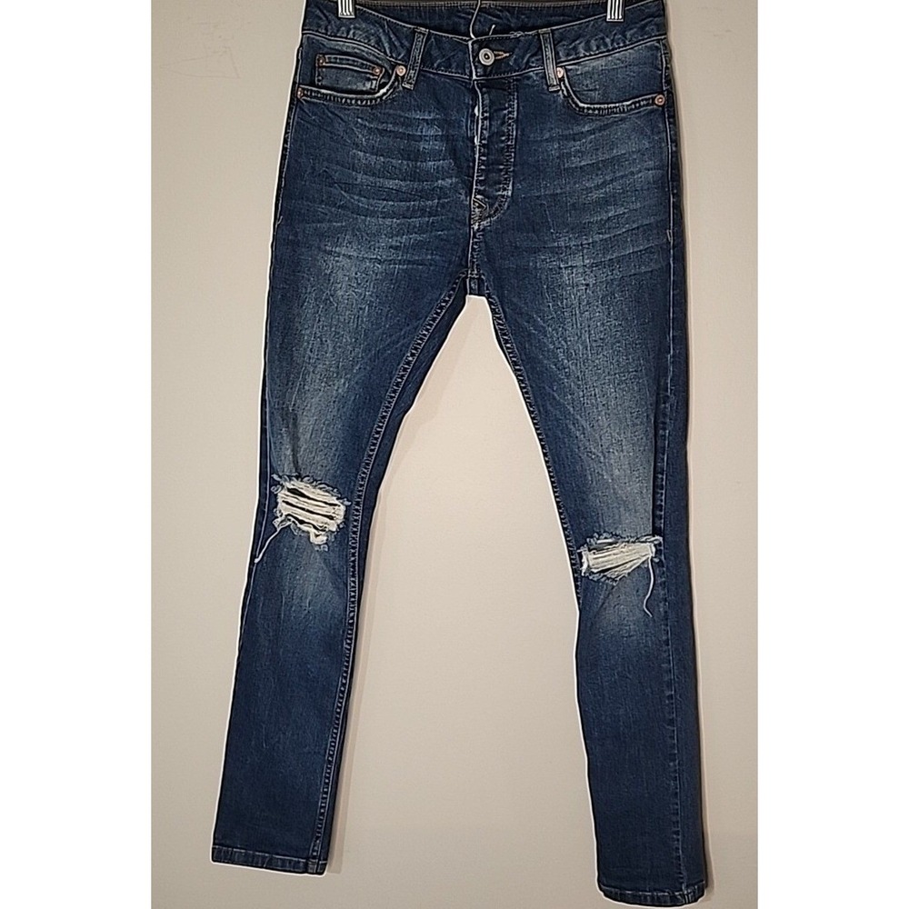 Topman Mens Slim Fit Distressed Ripped Knee Button Fly Dark Wash Jeans W28 L32